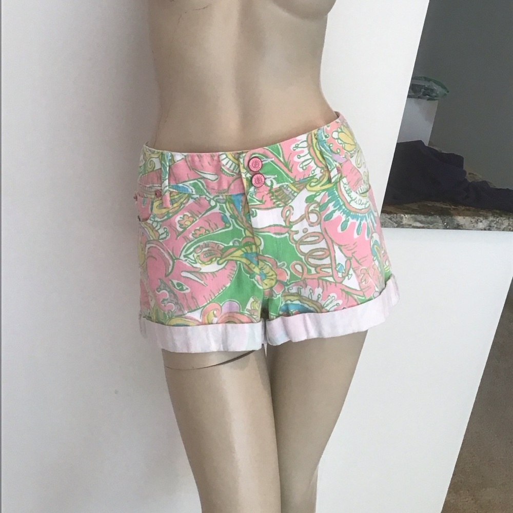 Lilly Pulitzer Chin Chin Pink Green Clifton Denim Jean Shorts 12‎ 2.5" Inseam